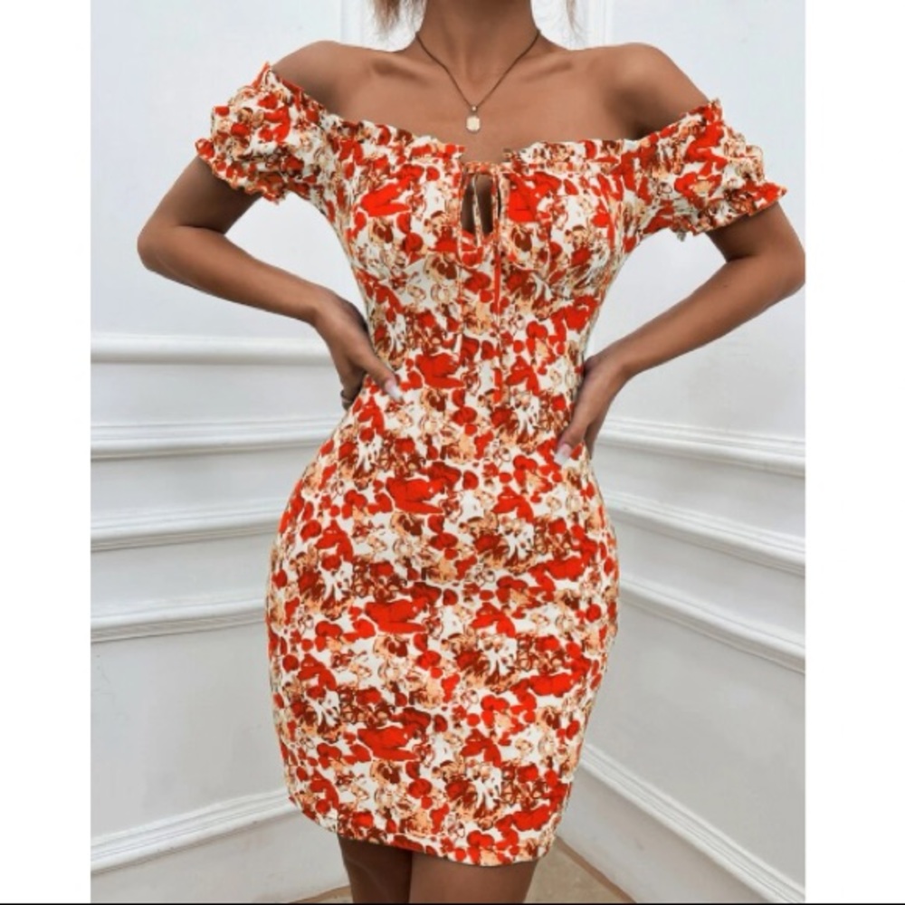 Boho green Floral Print Off Shoulder Bodycon Dress - Picture 9 of 16